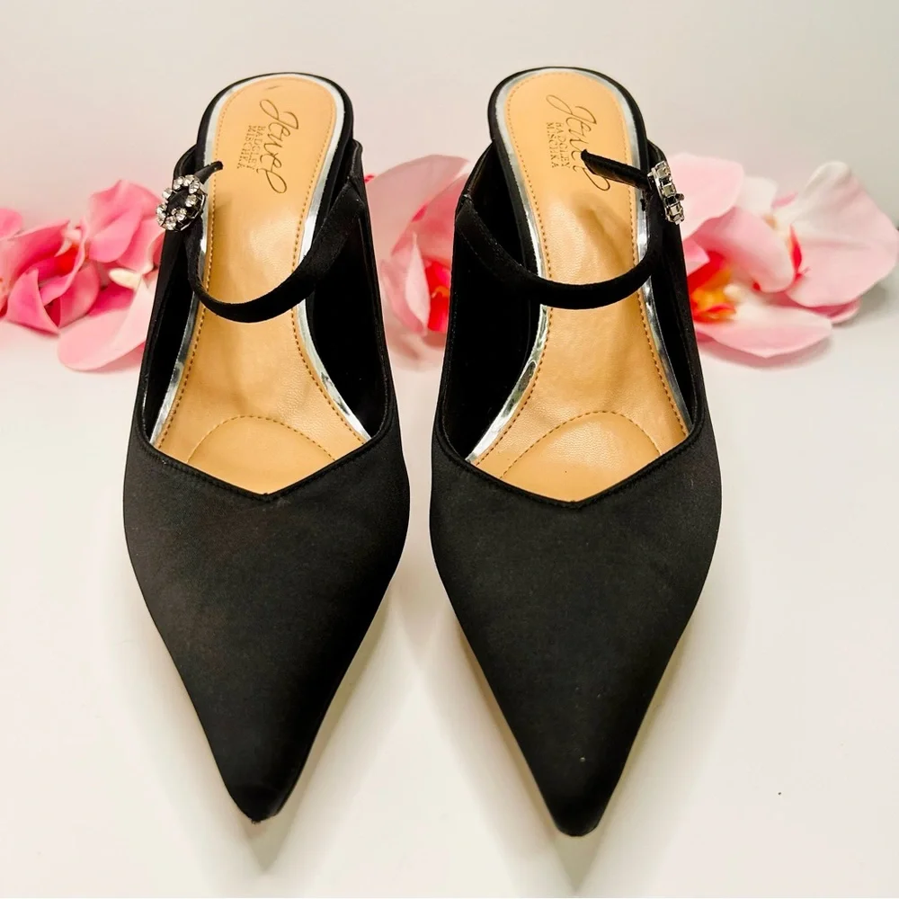 Jewel Badgley Mischka | Kaylin Pointed Toe Mule - Black Satin Heels (Size 8.5) - Picture 5 of 16
